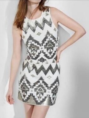 Express Mini Dress S White Cotton Silver Sequins Aztec Embroidered Bodycon Artsy